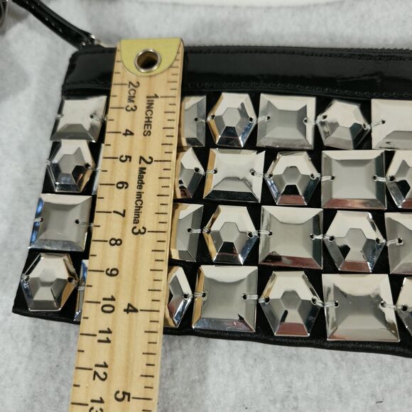 Forever Your Girl by Paula Abdul Silver Studded Clutch Bag Black Patent Zip - Picture 11 of 11